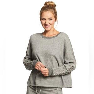 Beyond Yoga Lasso Tie Cropped Sweatshirt with Braided Sleeve Details in Gray